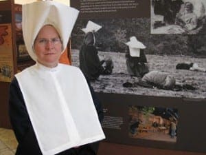 This photo is of Sr. Denise LaRock dressed in the habit of the Daughters of Charity as they would have been at that time in history.  The photo is taken in front of a new display at the visitor center in Emmitsburg along Route 15.