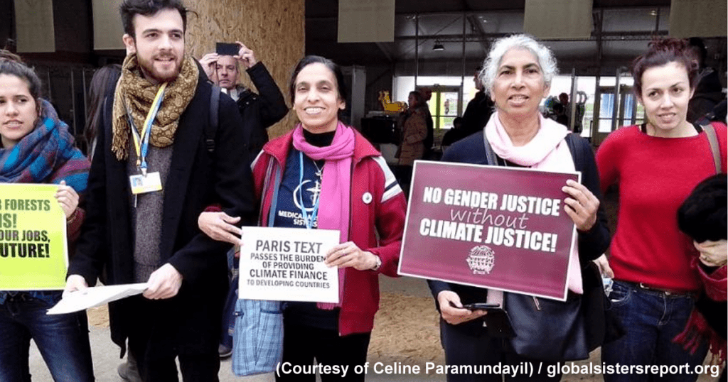 Sr. Celine Paramunda, U.N. representative of the Medical Mission Sisters, third from left, demonstrated with Sr. Teresa Kotturan, U.N. representative of the Sisters of Charity Federation, fourth from left, at the Paris meetings on climate, Nov. 30-Dec. 12, 2015.