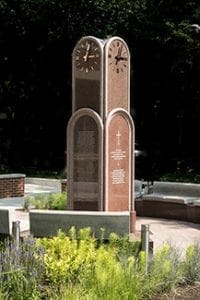 The new Vincentian Bicentennial Monument, installed outside Arts and Letters Hall on DePaul University's Lincoln Park Campus. The clock celebrates the 200th anniversary of the arrival of the Vincentian Fathers and Brothers to the United States. It also honors the members of the Congregation of the Mission who have served at DePaul Academy from 1898 to 1968, and at St. Vincent's College and DePaul University since 1898. (DePaul University/Jamie Moncrief)