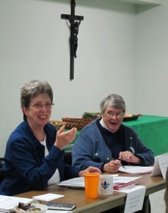 (left to right) Sister Julie Cutter, D.C., Sister of Charity Federation Executive Director, and Sister Jo-Anne Laviolette, D.C., Province of the West, take a moment to respond to a point made at the Vincentian Family Collaborators Meeting held April 15 - 16 at the Province of St. Louise Provincial House in St. Louis, MO