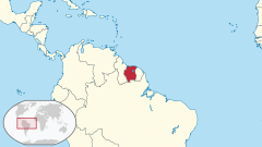 Surinam na mapie Ameryki Płd.