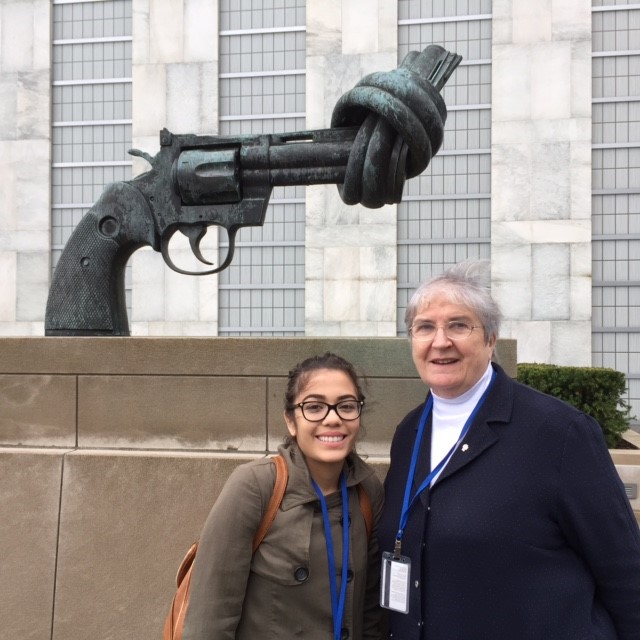 Carol and Catherine in front of Knotted Gun at UN