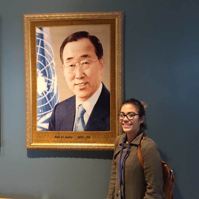 Carol in front of portrait of Ban Ki-Moon